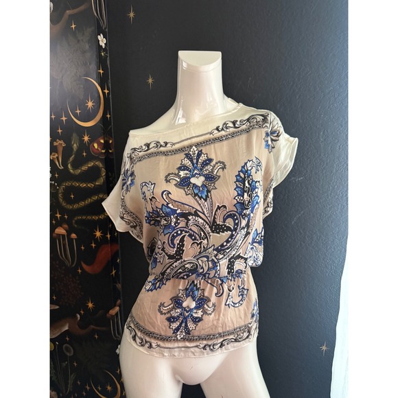 White House Black Market Tops - White House Black Market Silk Paisley Scarf Print Blouse Blue Beige XS